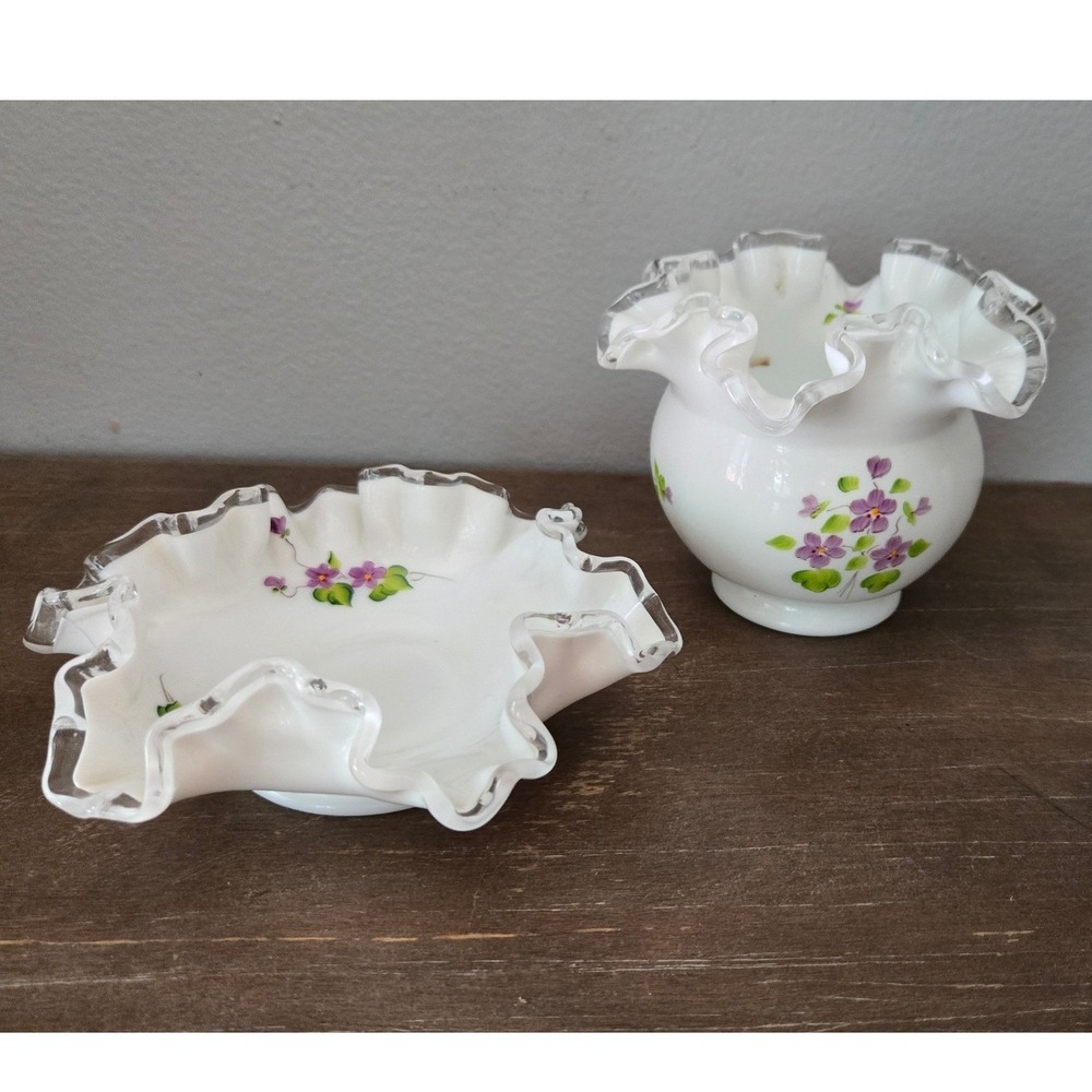 Fenton Violets in the Snow Milk Glass Silver Crest Ruffled Bowl Set Hand Painted